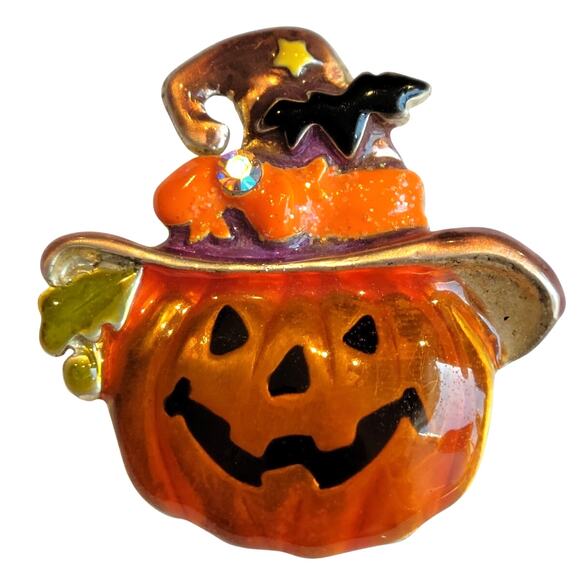 Halloween Pumpkin Brooch Pin Jack-O'-Lantern Bat Hat Enamel 1.54" Wide AJMC - Picture 1 of 10